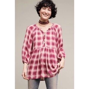 Maeve Anthropologie Cavalon Plaid Peplum Blouse Burgundy Pink Small